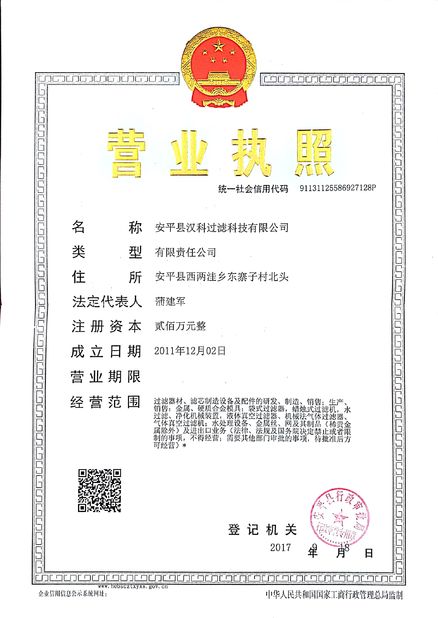 Cina Anping Hanke Filtration Technology Co., Ltd Sertifikasi
